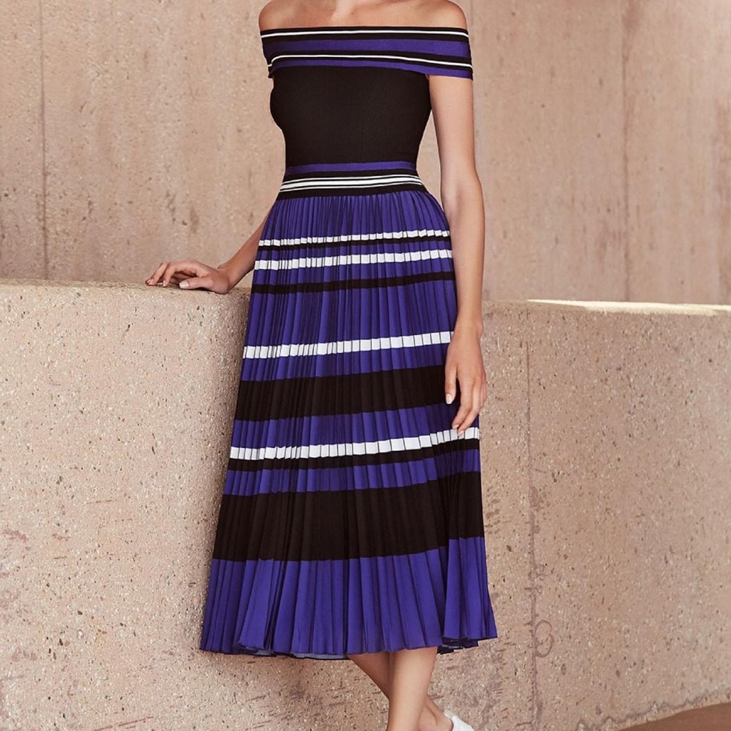Tadashi Shoji Black And Purple Off-Shoulder Pleated Maxi Dress